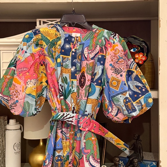 j. marie sloane belted dress multicolor zodiac print puffle sleeves Medium M - Picture 3 of 4